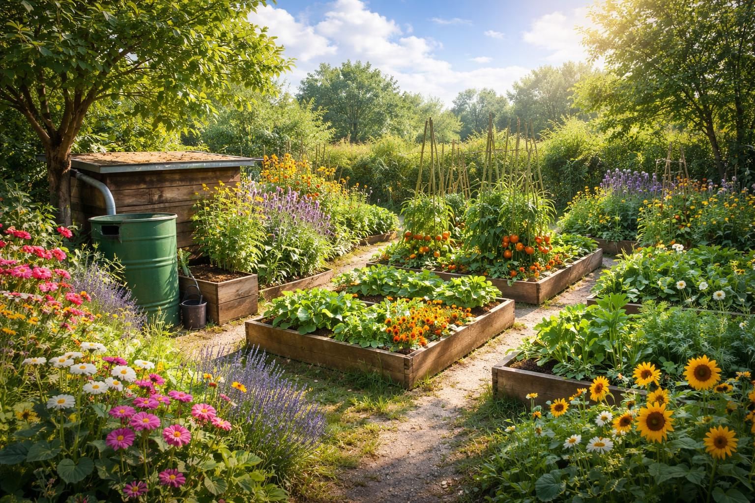 découvrez comment aménager un jardin écologique en intégrant un potager bio, un composteur, un récupérateur d'eau et des plantes mellifères pour favoriser la biodiversité et préserver l'environnement.