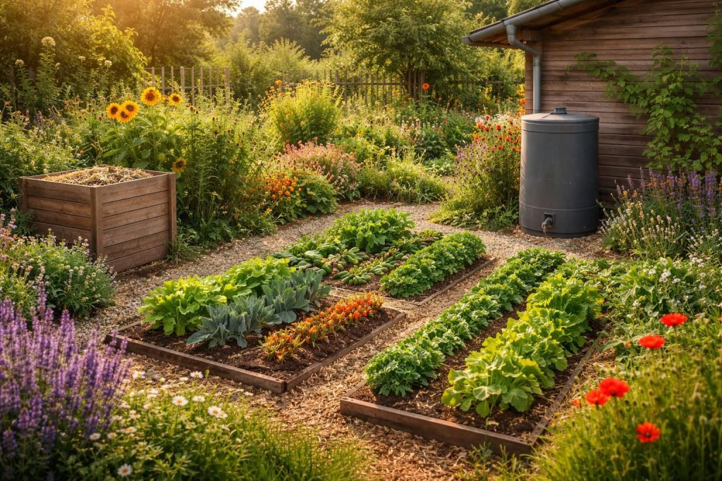 Aménager un jardin écologique avec potager bio, composteur, récupérateur eau et plantes mellifères