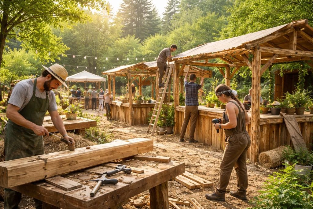 Organiser votre festival écologique avec des artisans pour construire les stands en bois local