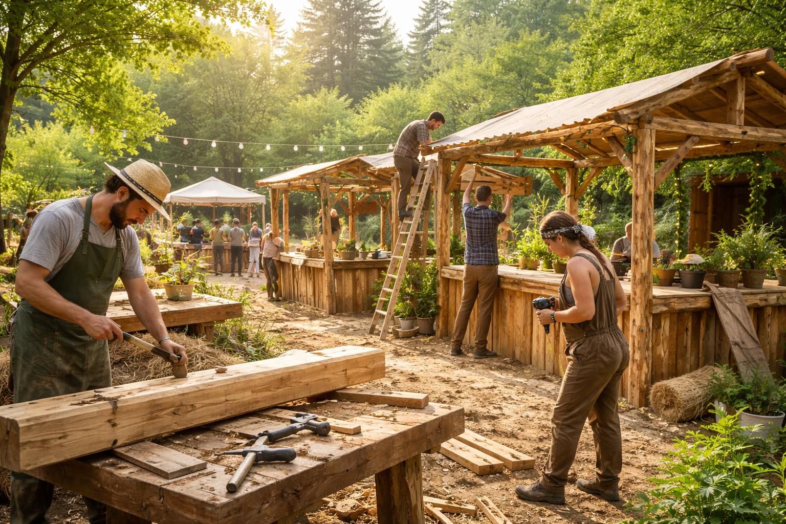 organisez un festival écologique en collaborant avec des artisans locaux pour créer des stands en bois durable, alliant respect de l'environnement et savoir-faire traditionnel.