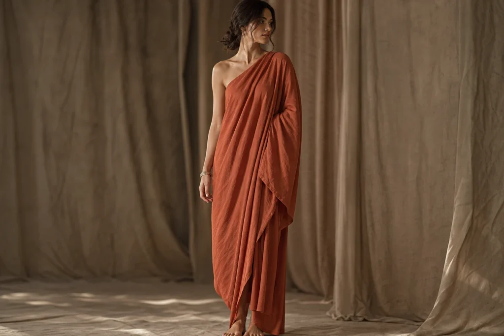 Robe terracotta à une épaule : l’élégance sans effort